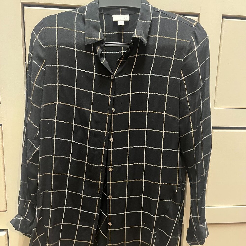 EUC J. Jill Windowpane Plaid Black Tan White Button Down Rayon Shirt Size XS - Picture 1 of 3
